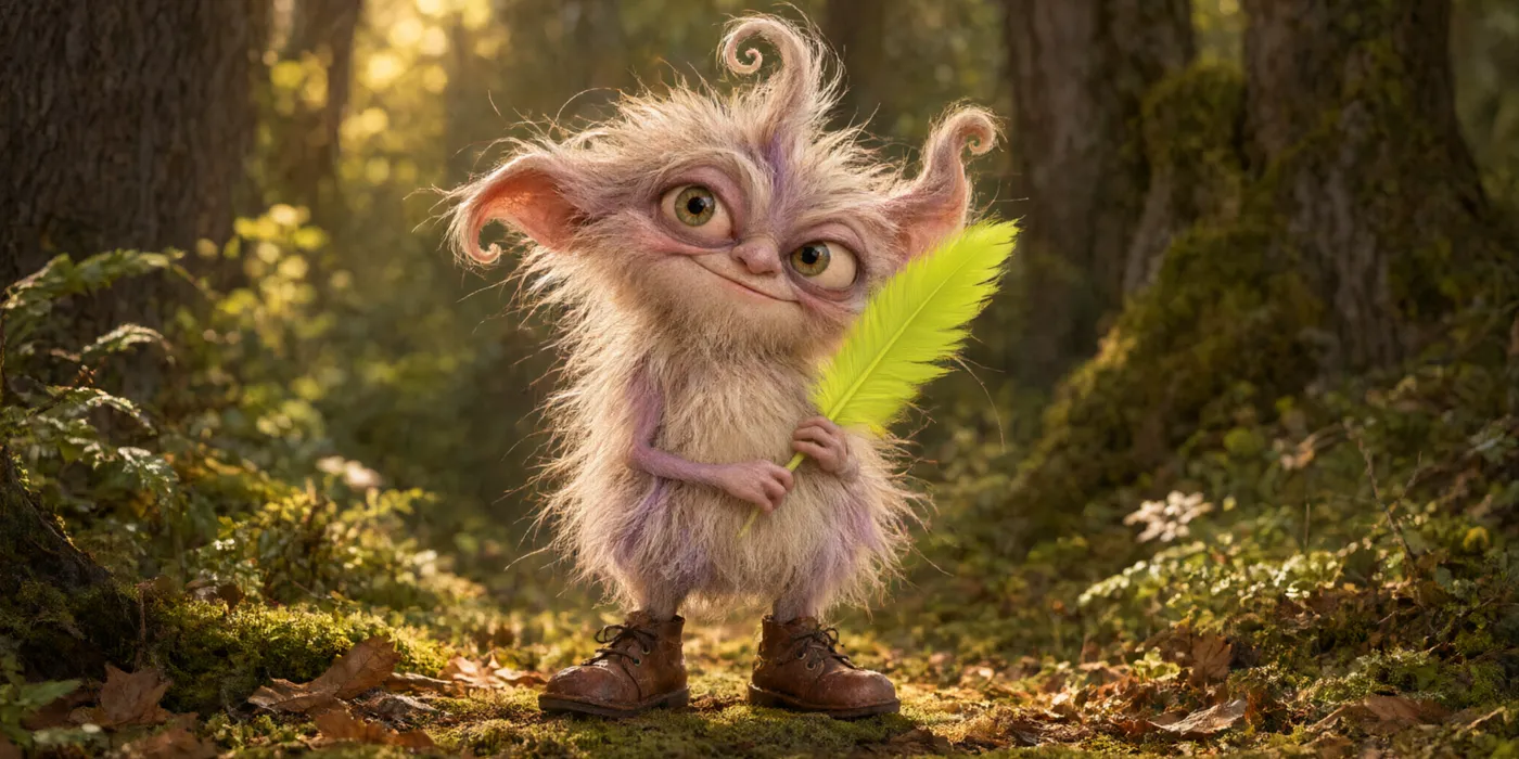 Wisp standing on moss in a sunlit forest, holding its yellow-green feather