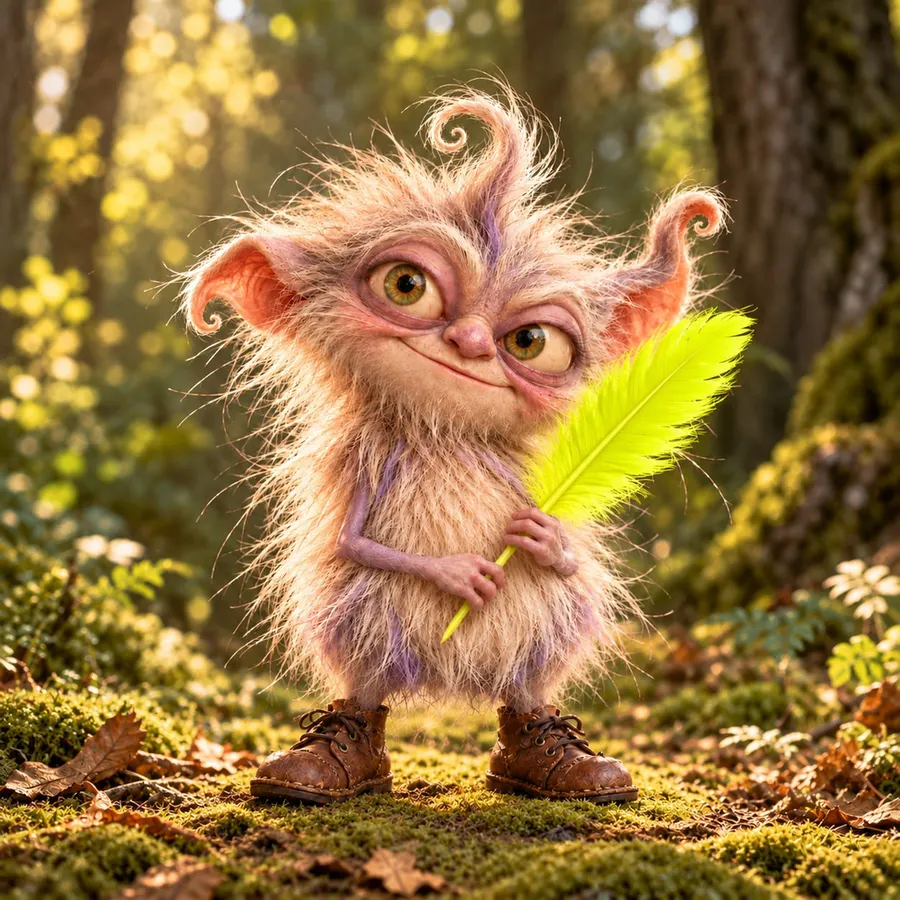 Wisp, full body, holding its feather